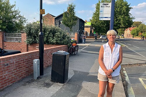 Photo attached of Cllr Widdowson at the bus stop on Tadcaster Road near the Cross Keys pub where the shelter has been removed.