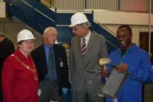 Bill Newton Dunn MEP with Mayor Cllr Maureen Jalili Cllr Ken Joynson & Student at opening of construction site New College.JPG