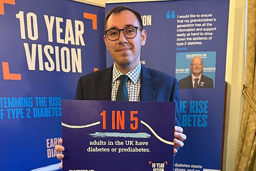 Tom Gordon Holding a sign about Diabetes prevalence in the UK