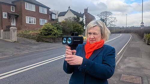 Lisa Smart MP with a mobile speed camera on Strines Road
