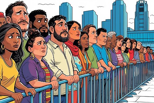 A cartoon of people queuing for a house