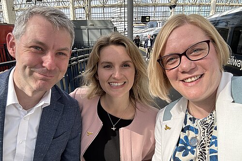 Zoe, Jess and Will at Waterloo Station on their first day as new MP's.