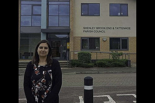 Cllr Saleena Raja outside Shenley Brook End & Tattenhoe Parish Council