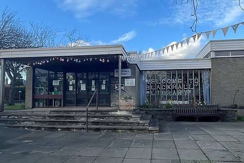 Blackhall Library closed with a blue sky in the background
