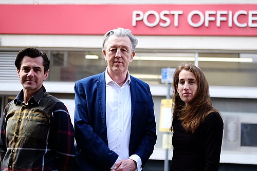 Paul Kohler MP and Cllrs Matthew Willis and Victoria Wilson outside Raynes Park post office