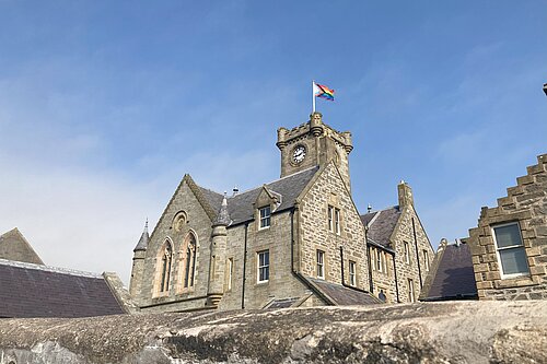 Lerwick Town Hall flying the Pride flag
