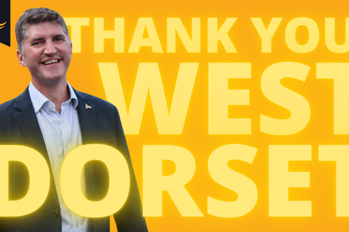 Graphic with Edward Morello in Sherborne, with 'Thank You West Dorset' Text.