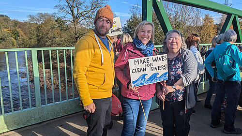 Lisa Smart MP, with Council Leader Mark Roberts and Councillor Angie Roberts on a sewage protest walk in Romiley 