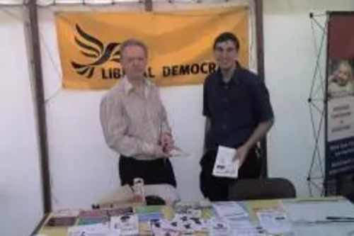 Stephen Robinson & Edward Massey behind the Liberal Democrat stall at ARU Freshers Fair