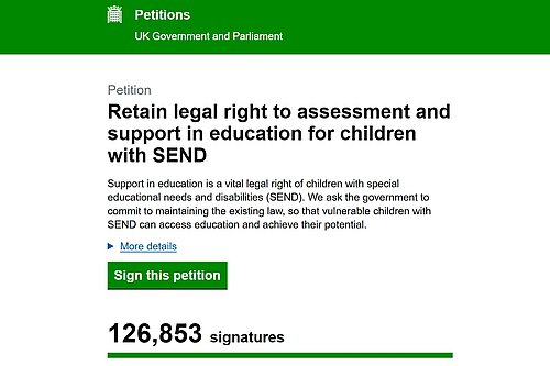 A screenshot of the UK Parliament petition asking to retain the legal right to assessment and support for children with SEND