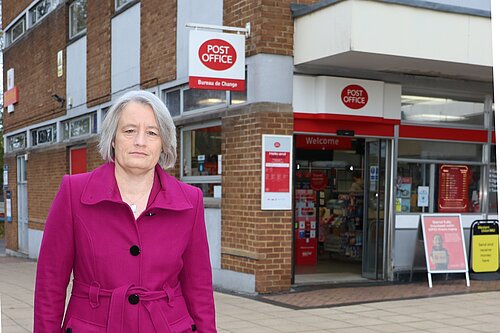 Claire Young outside Yate Post Office