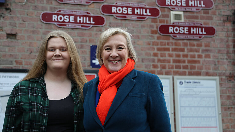 Lisa Smart MP and Councillor Megan Axon at Rose Hill Marple station