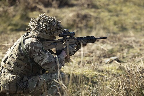 Pictured: A soldier fires at a target during a Live Range serial whilst on the The Light Close Recognisance Commanders Course. 