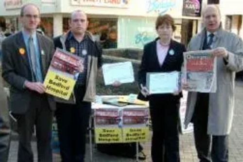 Christine McHugh and Andrew Duff MEP (right of picture) with Cllr Michael Headley and Cllr Mark Chapman in Bedford Town Centre campaigning in support of Bedford Hospital