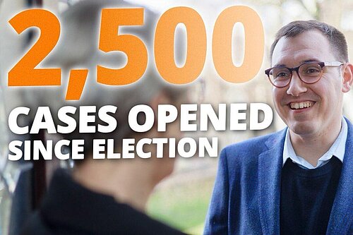 Graphic featuring Tom and the text '2,500 cases work' 