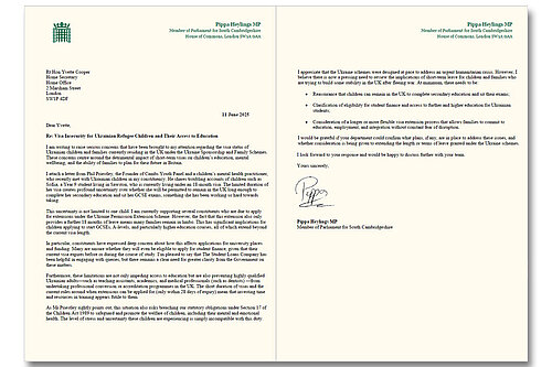 Thumbnail of letter from Pippa to Yvette Cooper on visa insecurity for Ukrainian refugee children