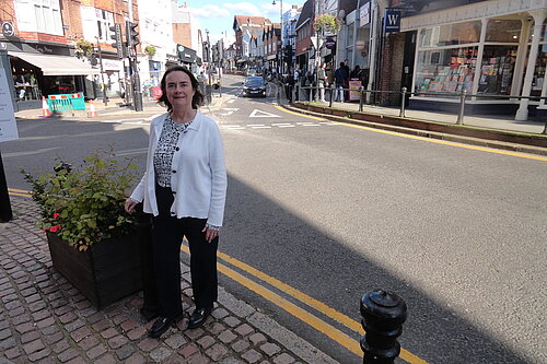 Hazel Watson standing on Dorking High Street