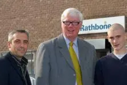 Rathbone Assistant Centre Manager Andrew Baxter, Paul Rowen MP and Rathbone trainee Danny Burke outside the training centre during the MP's visit.