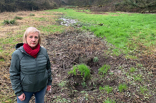 Lisa Smart surveys the land damaged by the sewage