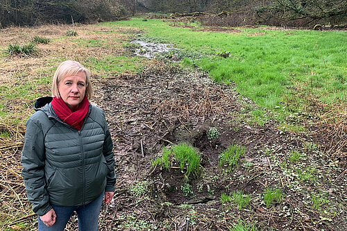 Lisa Smart surveys the land damaged by the sewage