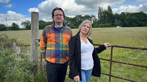 Councillors Jake Austin and Wendy Meikle at the site of the golf club development in Hazel Grove