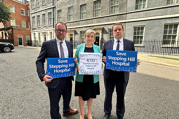 Cllr Mark Roberts, Lisa Smart MP and Tom Morrison MP outside 10 Downing Street.