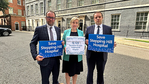 Leader of Stockport Council Mark Roberts, Lisa Smart MP and Tom Morrison MP present over 6,000 signatures to the Department of Health