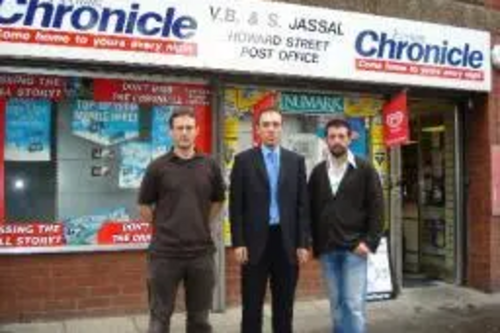 Cllr Stephen Psallidas along with Cllrs Kane and Cooper outside a Post Office in their ward threatened with closure