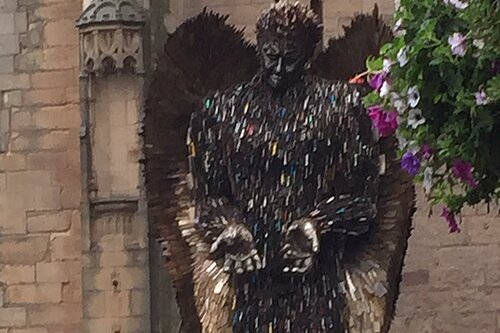 Knife angel statue being installed outside Derby cathedral