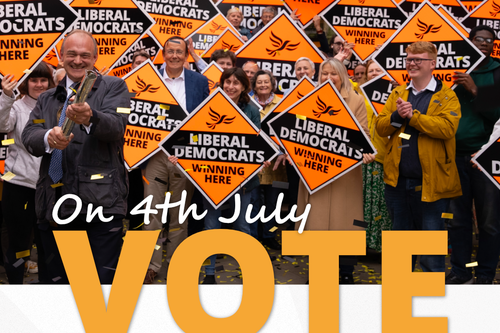Liberal Democrat Activists with Ed Davey. Text reads Vote Liberal Democrat 4th July