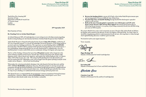 Thumbnail of letter to Wes Streeting signed by the three MPs in support of Arthur Rank Hospice