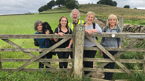Lisa Smart MP with chair Richard Hawkins, coordinator Roz Hughes, stage guardians Rebecca Baron and Christine Whitehead, and Rebecca’s dog Ellie