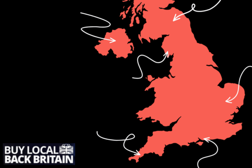 A map of the UK with arrows pointing to various places. In the bottom left, text reading 'Buy Local. Back Britain.'