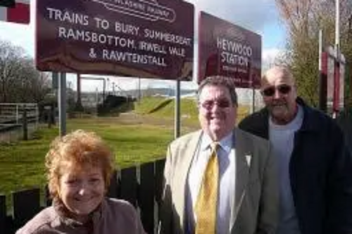 Councillor Doreen Brophy-Lee, Councillor Peter Rush and Councillor Malcolm Bruce outside Heywood Railway Station
