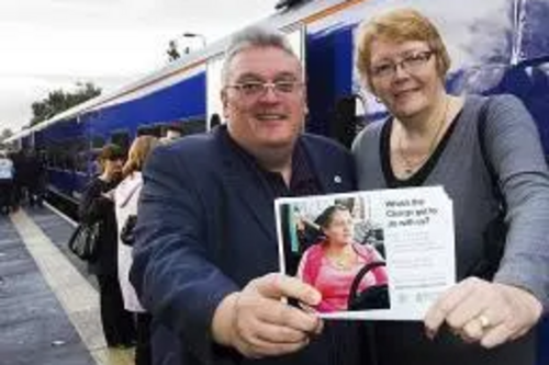 Information Station – Councillors Howard Sykes (Oldham) and Irene Davidson (Rochdale) launched the information campaign and spoke to commuters at Mills Hill station.