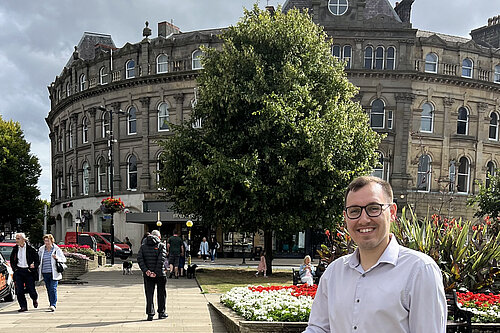 Tom Gordon stood in central Harrogate near the Cenotaph 