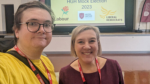 Jake Austin and Lisa Smart at Hazel Grove High School mock election