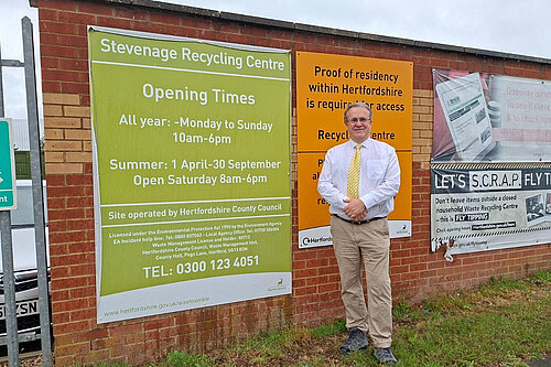 Cllr Paul Zukowskyj, Hertfordshire County Council executive member for environment, at Stevenage recycling centre.