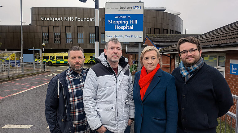 Lisa Smart MP with ward councillors Will Dawson, Jamie Hirst and Dan Oliver at Stepping Hill Hospital