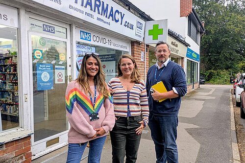 Vikki Slade, Jindy Atwal and Andy Todd stood outside Colehill Pharmacy