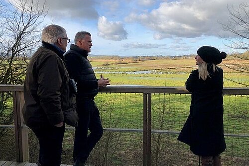 Roz Savage MP with Anselm Guise and Professor Alastair Drive at Elmore Court