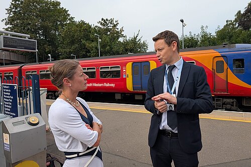 Helen Maguire MP with SWR Managing Director Lawrence Bowman at Ewell West Station