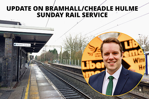 Graphic showing Bramhall Station with headline saying 'Update on Bramhall/Cheadle Hulme Sunday Rail Service'